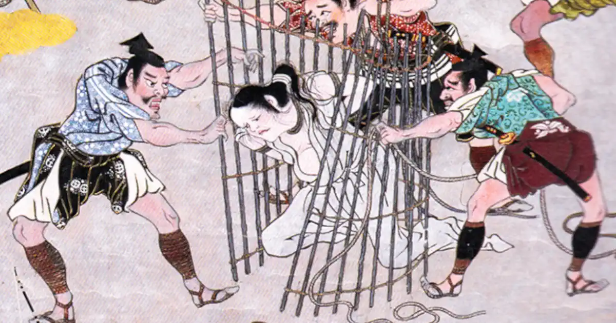 Jōruri Monogatari Emaki (浄瑠璃物語絵巻), donde la madrastra malvada es envuelta en una estera de bambú antes de ser ejecutada arrojándola al río.