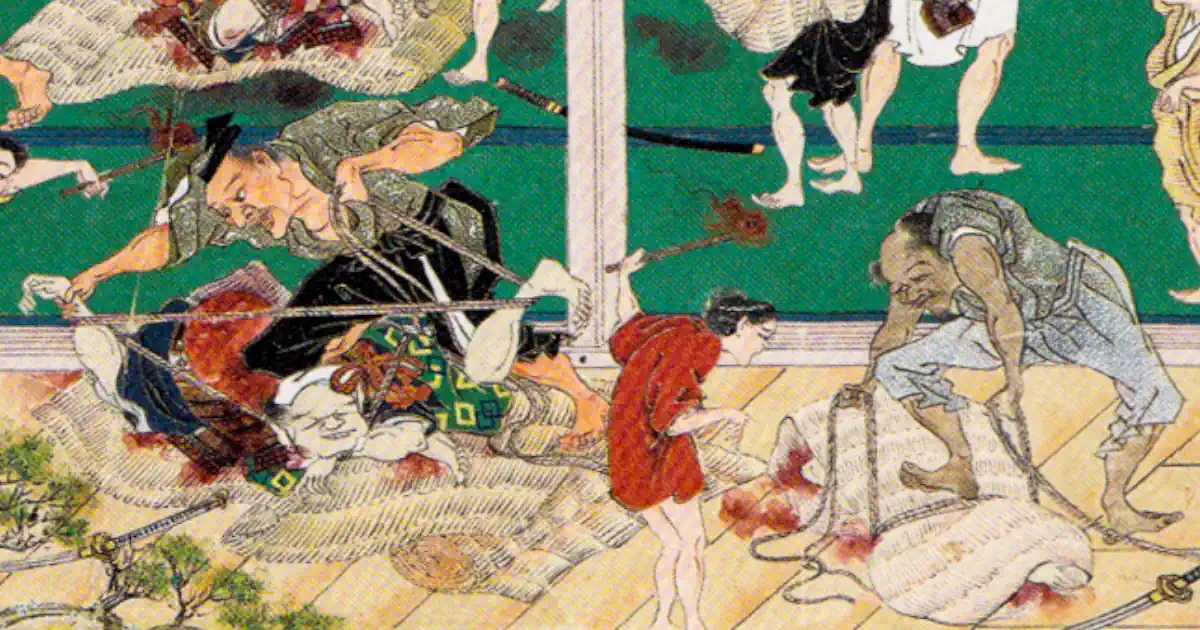 Obra relacionada con la tradición de los grabados sangrientos y el teatro kabuki, frecuentemente citados como antecedentes del shibari.